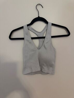 Ribbed V-Neck Racerback Crop Top - Light Gray